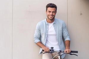 Image of young african man with bicycle standing over white wall outdoors looking camera. Generative AI photo