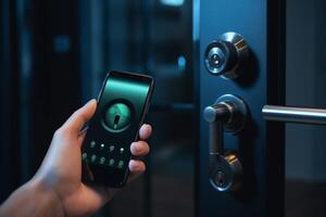 Wood door with smart lock, touch screen keypad and fingerprint, key less access Generative AI photo