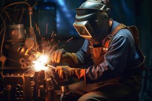 Welder on steel structure in factory photo