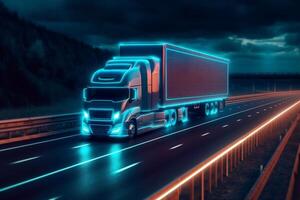 Concept Autonomous Semi Truck with Cargo Trailer Drives at Night on the Road with Sensors Scanning Surrounding. Special Effects of Self Driving Truck Digitalizing Freeway Generative AI photo