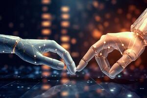 AI, Machine learning, Hands of robot and human touching on big data network connection, Data exchange, deep learning, Science and artificial intelligence technology, photo