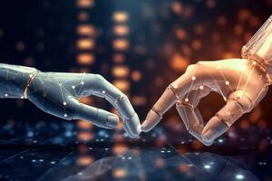 AI, Machine learning, Hands of robot and human touching on big data network connection, Data exchange, deep learning, Science and artificial intelligence technology, Generative AI photo