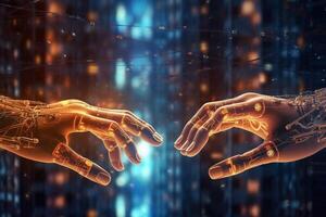 AI, Machine learning, Hands of robot and human touching on big data network connection, Data exchange, deep learning, Science and artificial intelligence technology, innovation photo