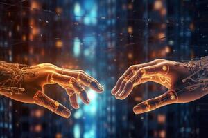 AI, Machine learning, Hands of robot and human touching on big data network connection, Data exchange, deep learning, Science and artificial intelligence technology, innovation Generative AI photo