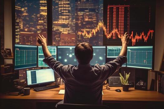 Back view of bearded young businessman woking with graph and charts on computer photo