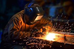 Welder on steel structure in factory photo