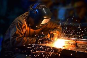 Welder on steel structure in factory Generative AI photo