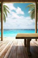 Wooden bamboo sunbeds on old wood ,beautiful beach and sea scenery background Generative AI photo