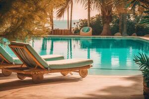 The edge Luxury swimming pool with white fashion deckchairs on the beach., Exterior design. Generative AI photo