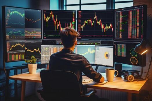Back view of bearded young businessman woking with graph and charts on computer photo