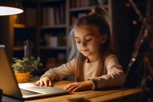 Distant Education. Adorable Little Girl In Headphones Using Laptop In Kitchen, Sitting At Table And Showing Thumb Up At Camera, Female Child Study Online With Computer Generative AI photo