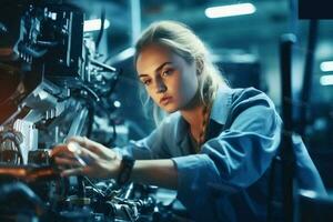 Female Auto Mechanic Working Underneath Car In Garage. Portrait of smiling young female mechanic. Female mechanic inspecting a lifted car. Mechanic woman working on car in her shop Generative AI photo