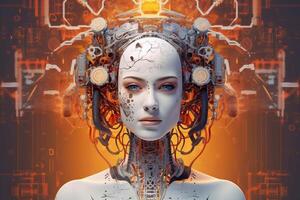 Cyborg woman with deep space and circuit design background photo