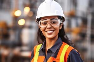 Close up portrait female industrial robotics engineer holding walkie talkie and tablet looking at camera. woman technician modern factory 4.0, Technical supervisor of the robot Generative AI photo