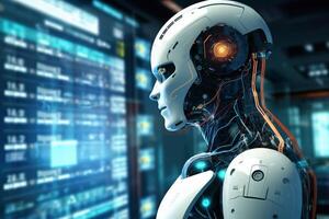 Technology artificial intelligence or AI for working tools. Chatbot Chat AI to generate innovative futuristic and global connections for providing access to information photo