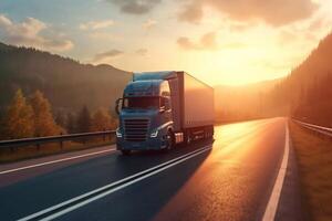 Big blue truck driving fast with a white trailer with blank space for text on a countryside road with other cars against a blue sky with a sunset Generative AI photo