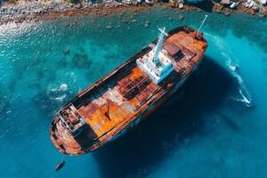 Top view of sinking tanker shot by drone. Inverted tanker wrecked on Black Sea coast of Odessa. Empty tanker leaned to one side and ran aground by during storm with strong wind. photo