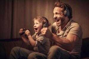 cheerful father and son playing video game at home Generative AI photo