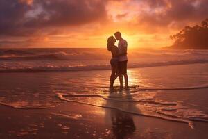 romantic couple silhouette on the beach at sunrise Generative AI photo