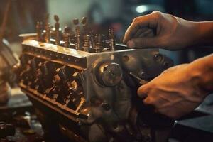 Hands of car mechanic in auto repair service. Generative AI photo