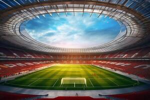 green field in soccer stadium. ready for game in the midfield photo