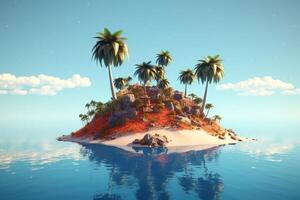 3D illustration blue tropical background of the sea in summer blurred with palm leaves and sunshine. Sea and sky with white clouds Summer holiday photo