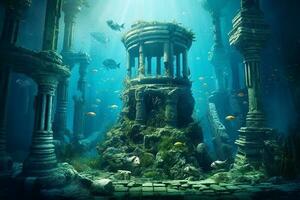 A scuba diver discovers the lost city of Atlantis conceptual theme. Generative AI photo