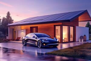 Solar photovoltaic panels on a house roof photo