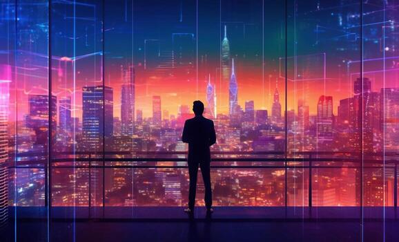 Rear view of businessman looking at city panorama photo