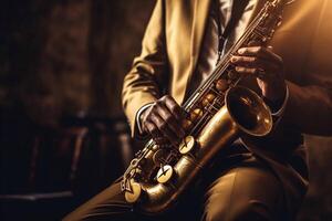 Saxophone player Saxophonist playing jazz music instrument Jazz musician playing sax alto photo