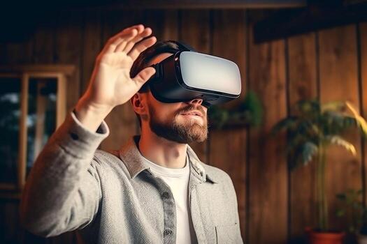 Young man using virtual reality headset at home photo