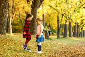 dos pequeño muchachas en otoño parque foto