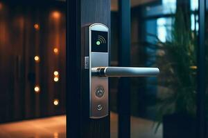 Smart Digital touch screen keypad access by entering pass code digits, Electronic digital door handles on wood door Hotel or apartment door, future modern safety security technology more safe secure photo