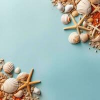 Sea sand with starfish and shells. Top view with copy space. Generative AI photo