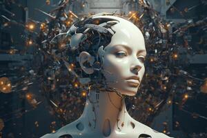 White woman cyborg on blurred background using digital chart interface 3D rendering photo