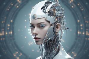 White woman cyborg on blurred background using digital chart interface 3D rendering photo