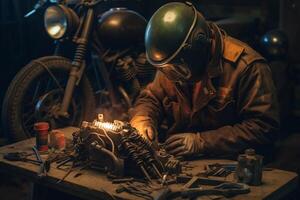 Welder on steel structure in factory photo