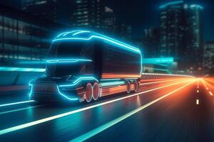 Futuristic Technology Concept Autonomous Semi Truck with Cargo Trailer Drives at Night on the Road with Sensors Scanning Surrounding. Special Effects of Self Driving Truck photo