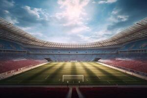 verde campo en fútbol estadio. Listo para juego en el centro del campo generativo ai foto