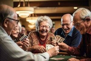 Retired multiethnic people playing cards together at home. Happy senior friends with african couple playing cards. Cheerful active seniors playing game at lunch table. Generative AI photo