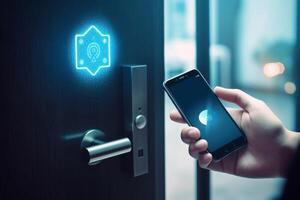 Woman locking smartlock on the entrance door using a smart phone. Concept of using smart electronic locks with keyless access photo