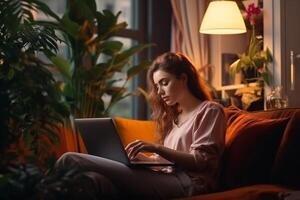 Portrait of a Happy Successful Businesswoman Using Laptop Computer in Creative Agency in the Evening. Black Female Smiling while Browsing Internet, Checking Funny Memes on photo