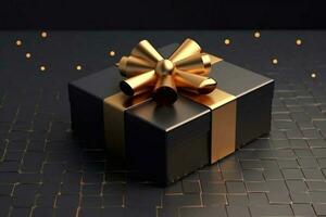 negro regalo caja con dorado cinta aislado en negro antecedentes. 3d ilustración de negro regalo caja con oro cinta. generativo ai foto