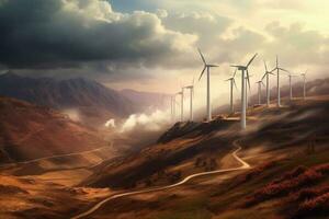 Solar photovoltaic panels and wind turbines. Energy concept Generative AI photo