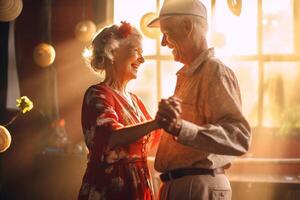 Carefree happy active old senior couple dancing jumping laughing in living room, cheerful retired elder husband holding hand of mature middle aged wife enjoy fun Generative AI photo