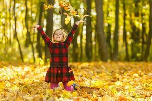 Little girl playing with fallen autumn leaves. photo