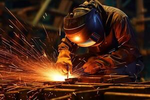 Welder on steel structure in factory photo