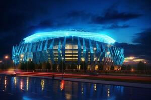 green field in soccer stadium. ready for game in the midfield Generative AI photo