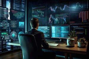 Professional IT Technical Support Specialists and Software Programmer Working on Computers in Monitoring Control Room with Digital Screens with Server Data, Blockchain Network photo