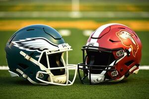 American football helmets at the artificial grass playing field Generative AI photo